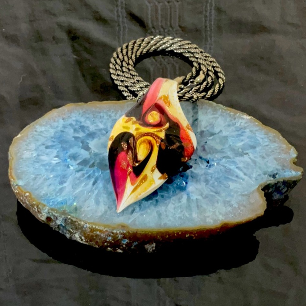 Vtg(1970)Silver&Black Necklace With Murano Glass Heart Shaped Pendant - Picture 5 of 6